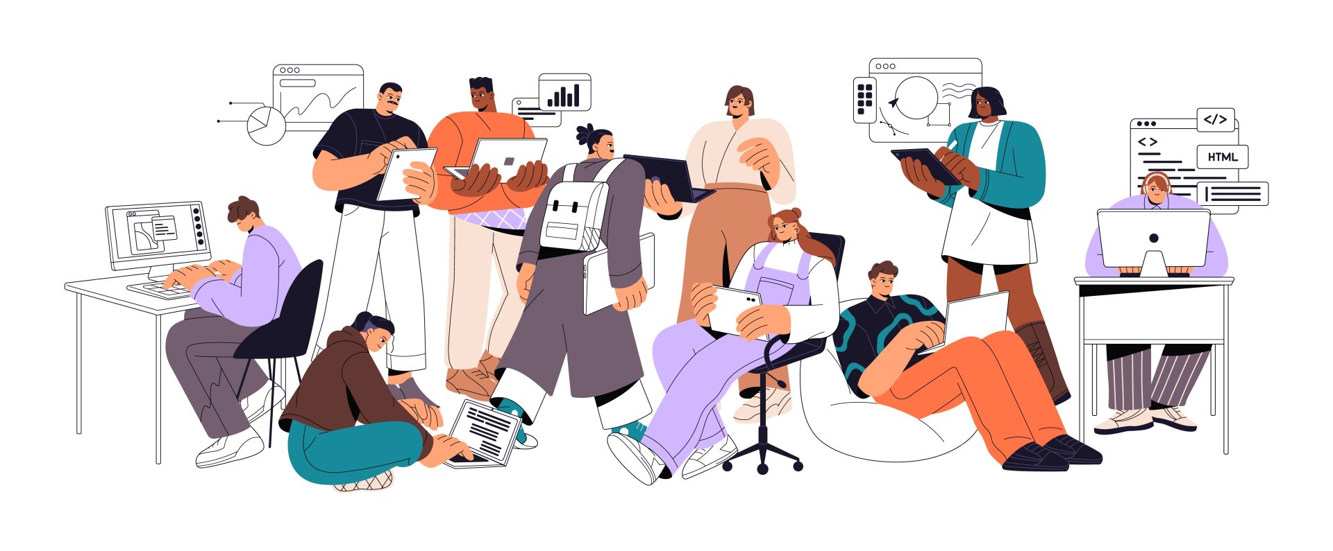 Illustration of employees using digital tools and collaborating across a workplace, representing connection, continuous learning and adaptability in an AI-ready culture.