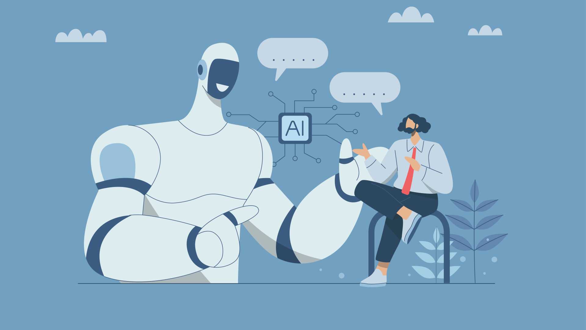 Illustration of a professional collaborating with an AI assistant, representing human-AI teamwork, shared decision-making and AI-enabled workforce development.