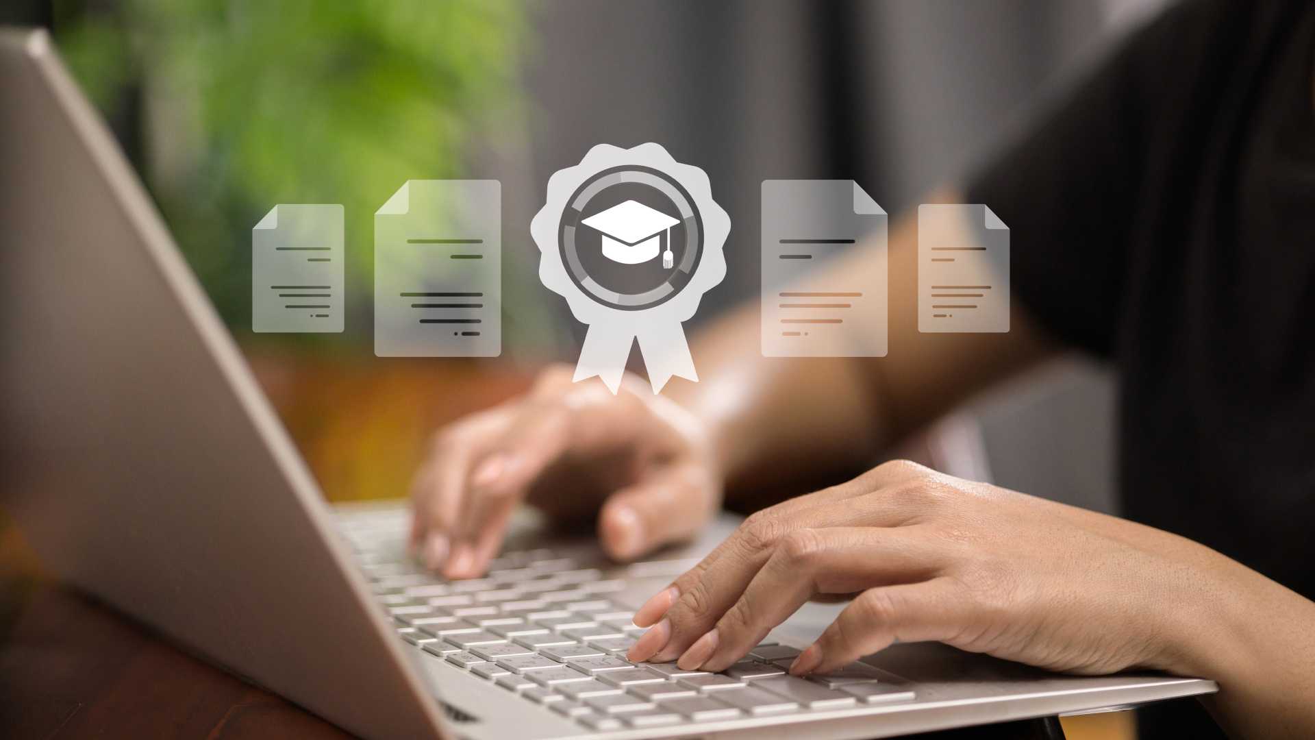 Professional working on a laptop with accreditation and document icons, representing measurable learning outcomes, training evaluation and evidence-based ROI.