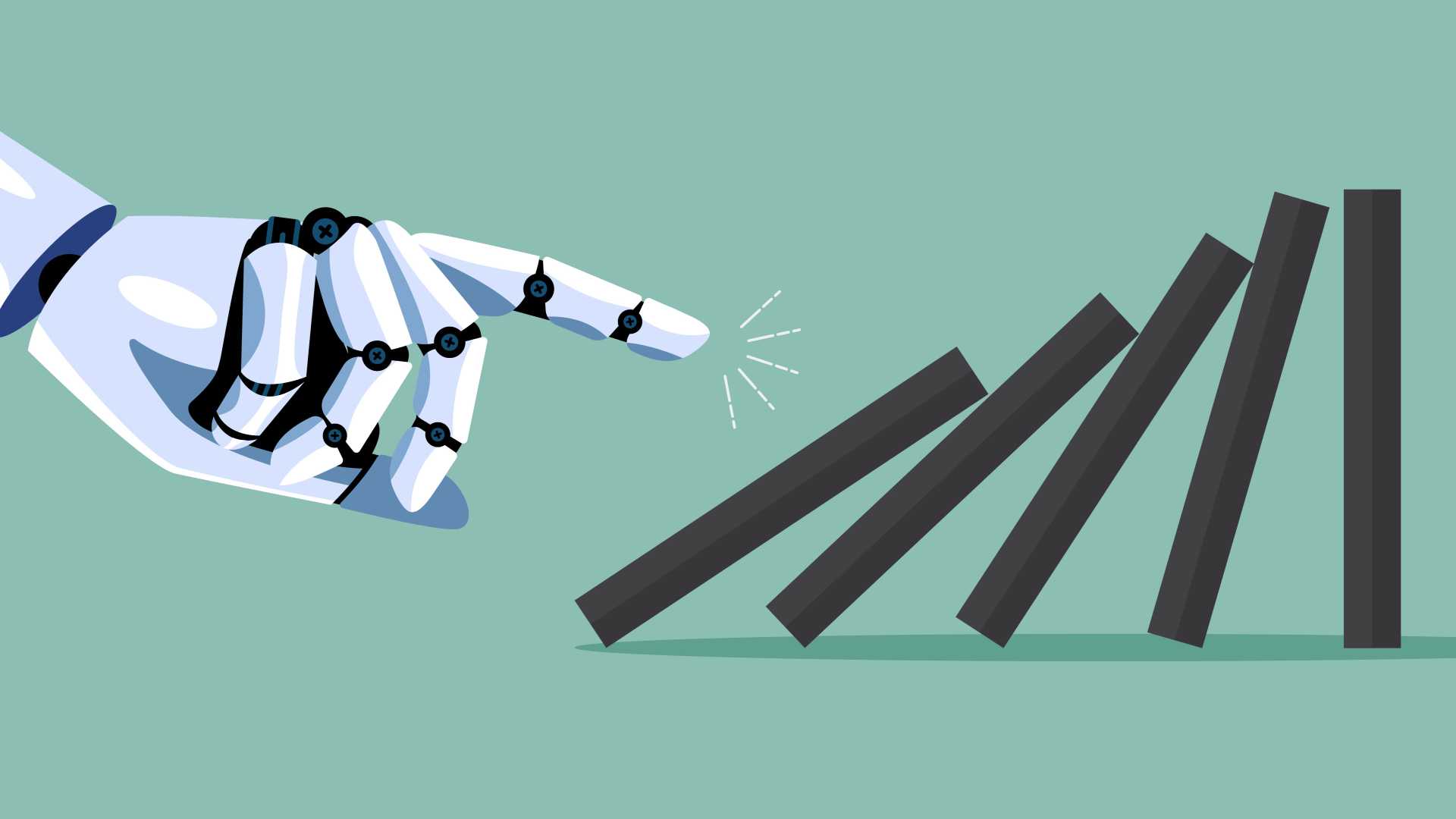 Robotic hand triggering a domino effect, illustrating the capabilities, judgment and responsibility required to build and operate AI systems effectively.