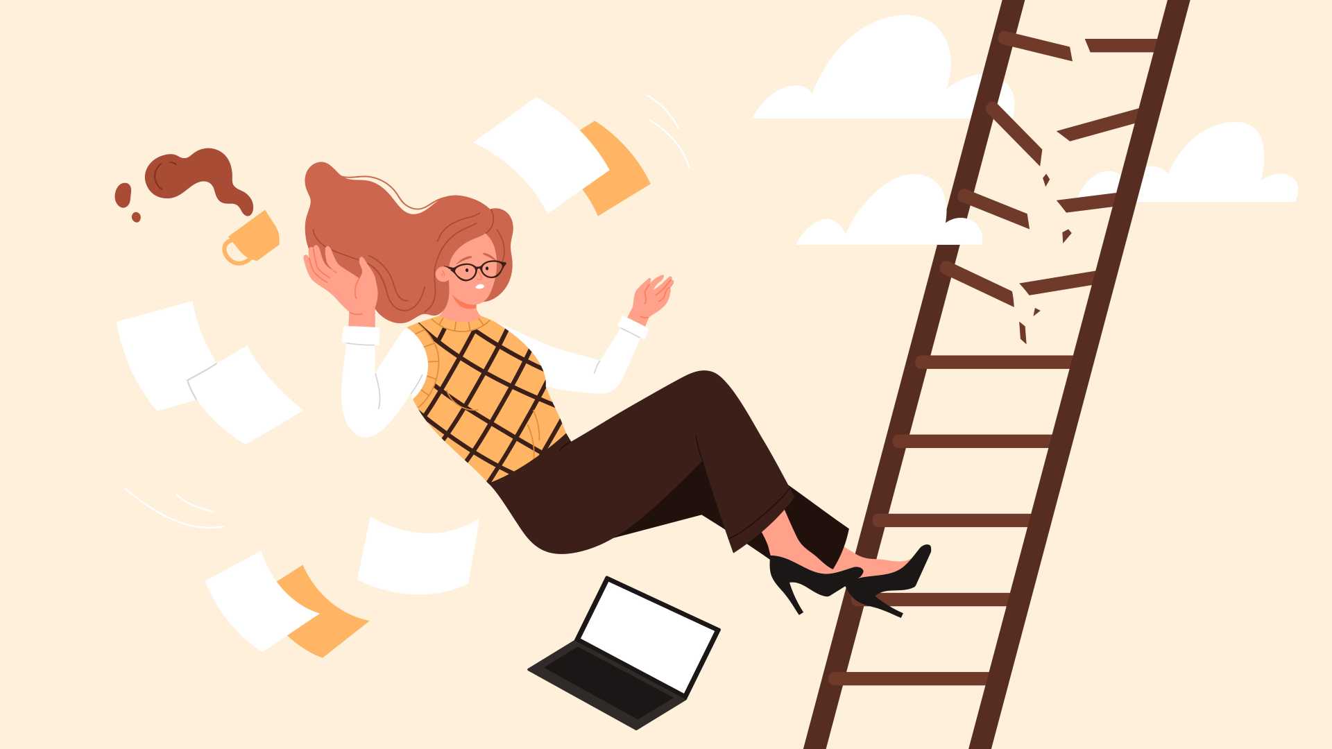Illustration of an overwhelmed leader falling beside a broken ladder, representing over-functioning, excessive responsibility and barriers to leadership development.