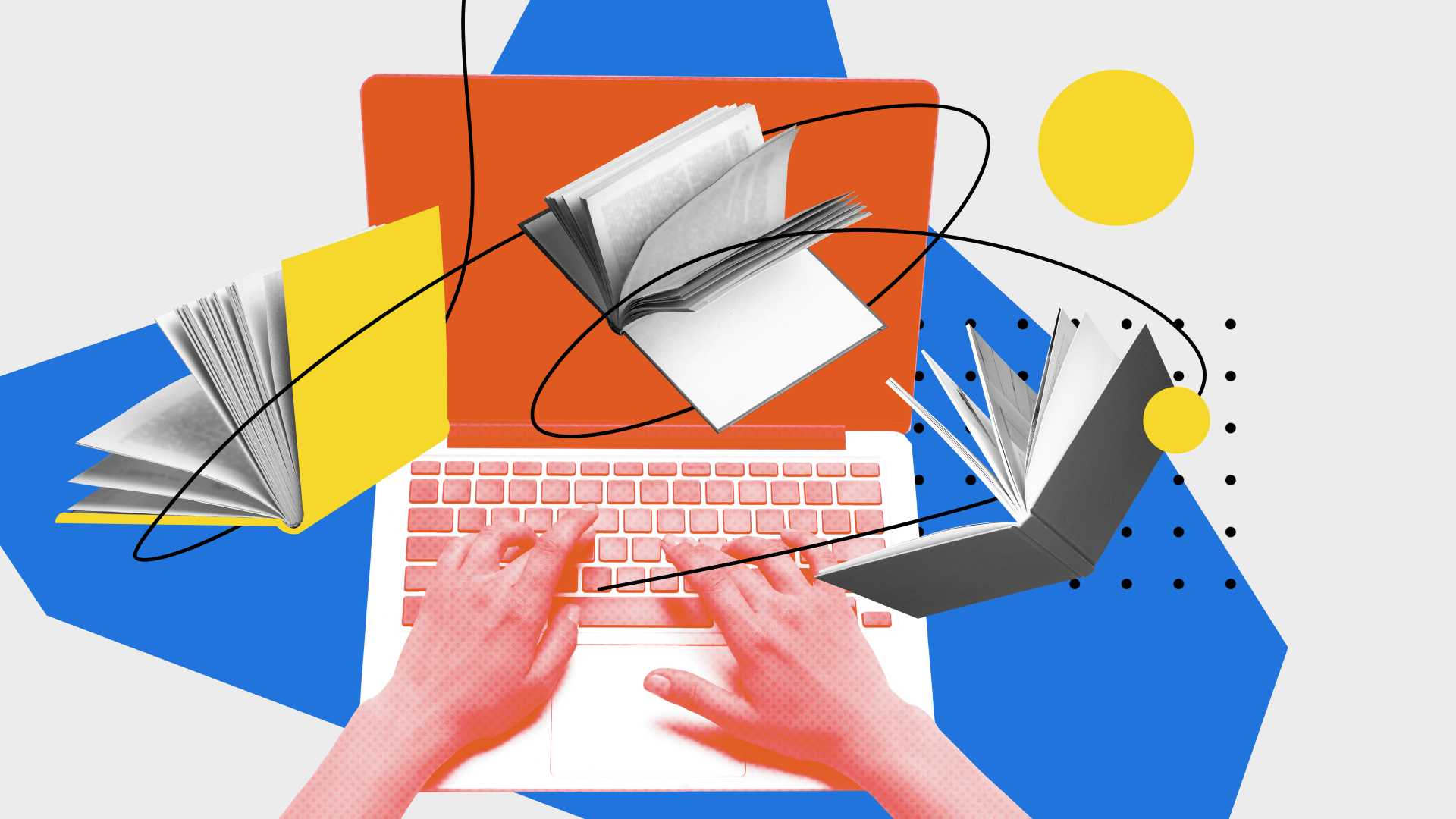 Abstract illustration of hands typing on a laptop surrounded by books, representing a learning content audit, content organization and training content reuse.