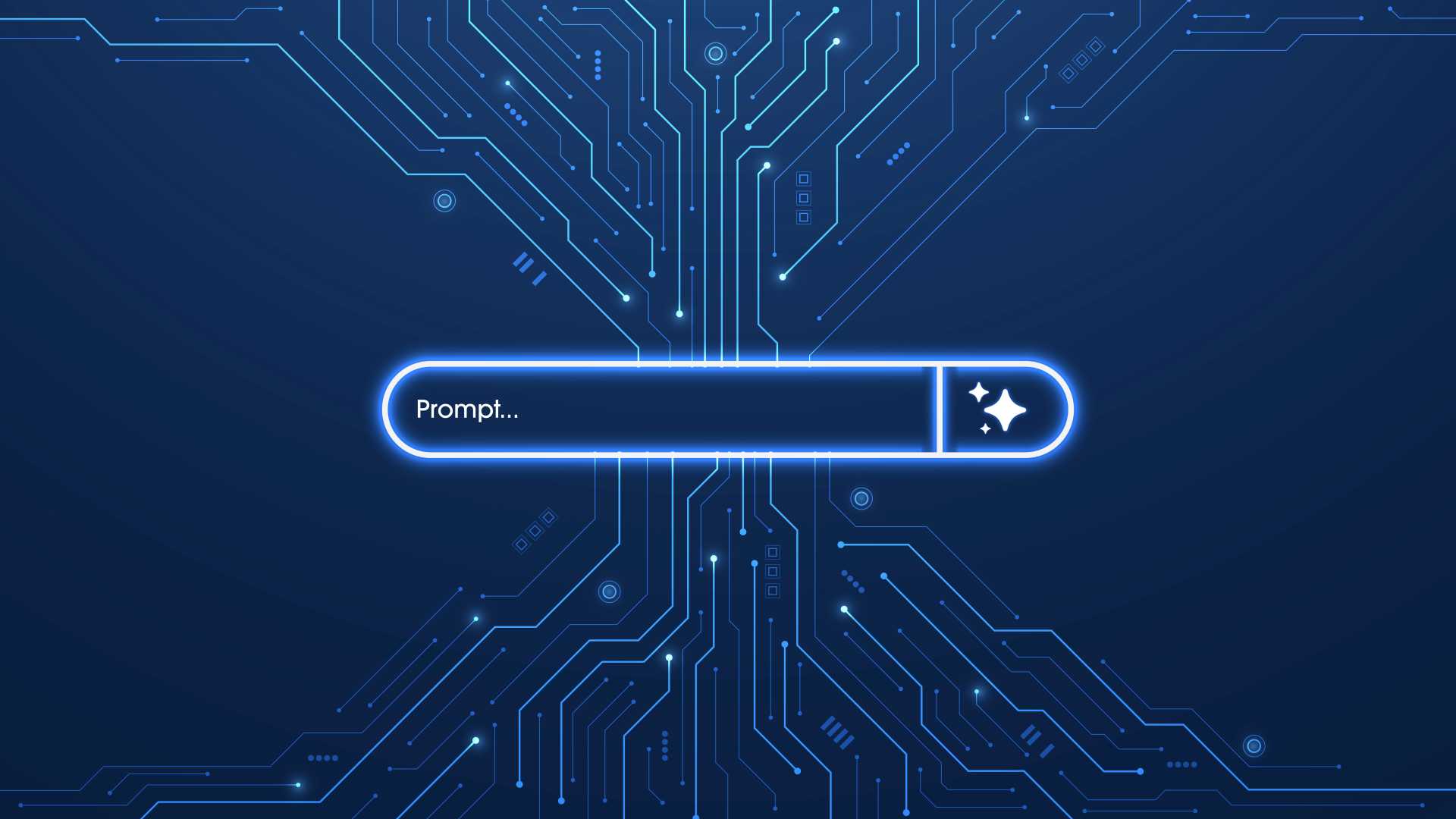 AI prompt interface surrounded by digital circuitry, illustrating artificial intelligence integration, AI-enabled workflows and technology-driven learning and performance support.