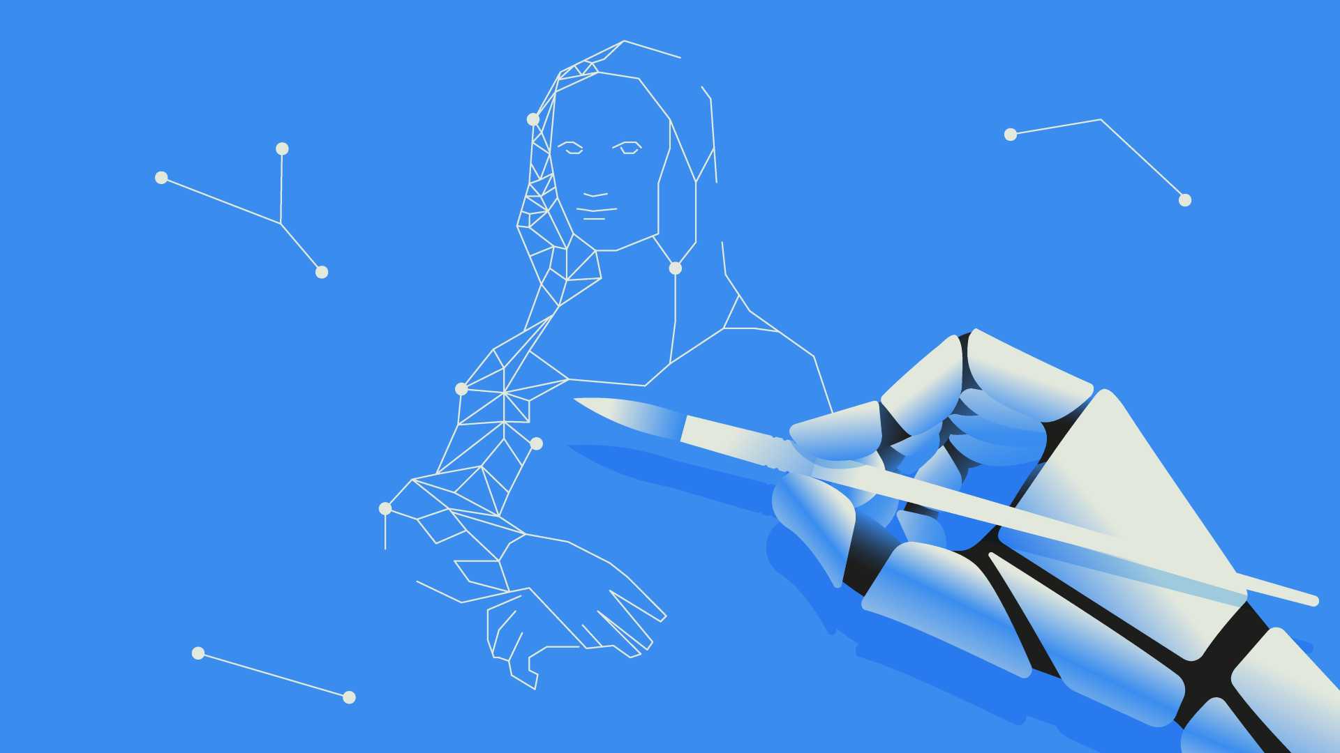 Robotic hand drawing a human figure, illustrating how reliance on artificial intelligence can affect the development of human skills, judgment and capability.