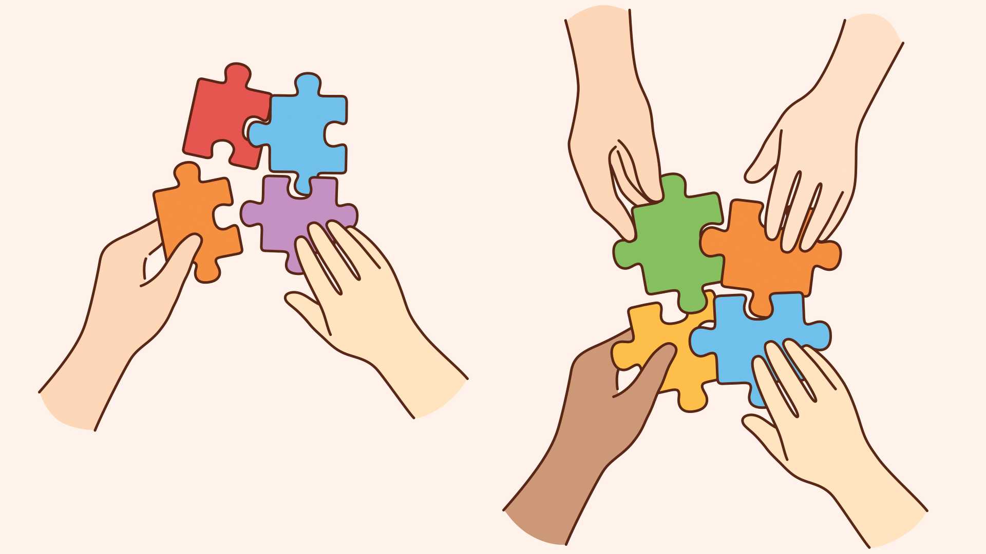 Illustration of hands connecting colorful puzzle pieces, representing teamwork, problem-solving and the observable behaviors revealed through collaborative behavioral assessments.