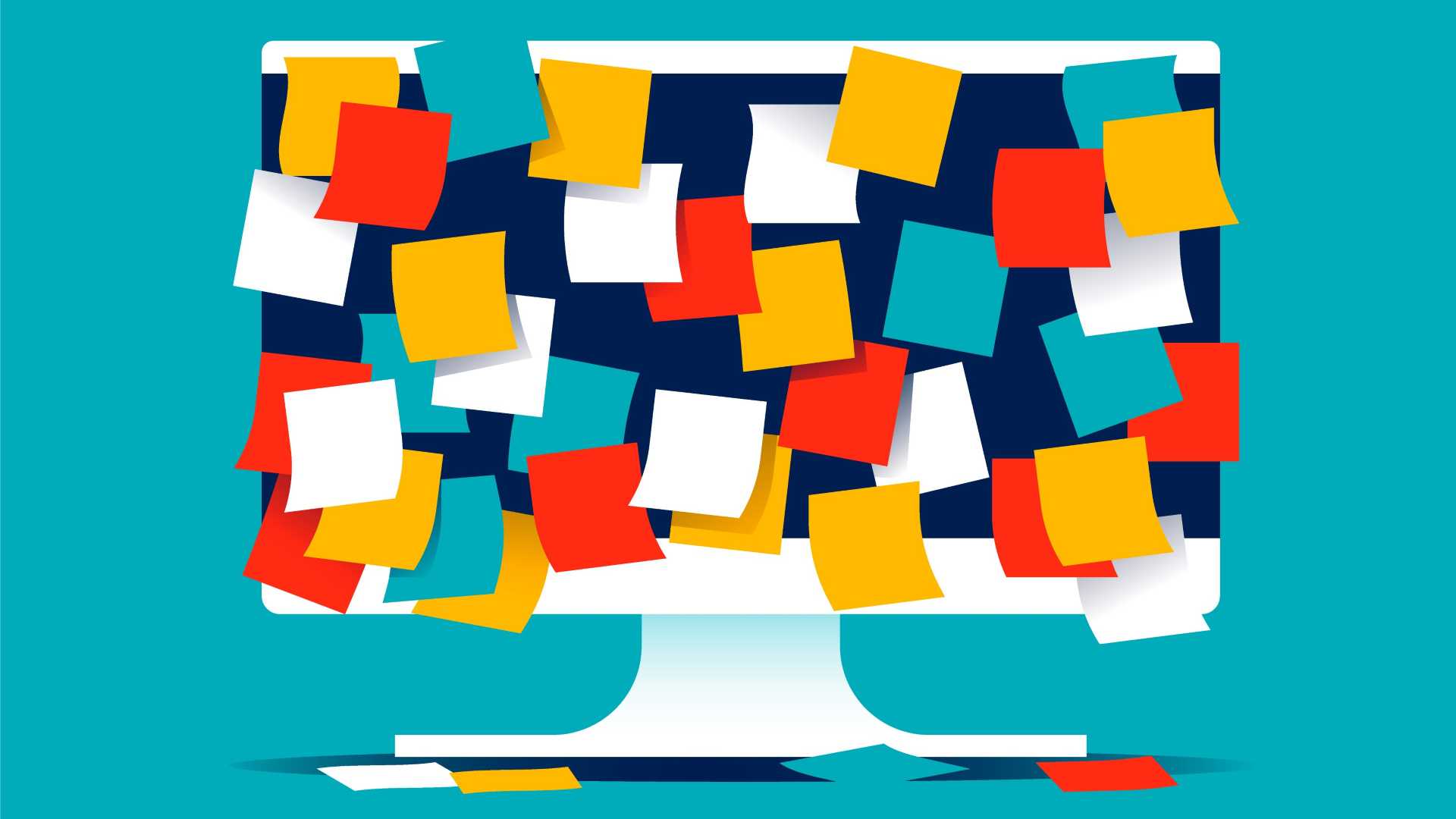 Illustration of a computer screen covered in colorful notes, representing information overload and the challenge of turning abundant information into meaningful knowledge.