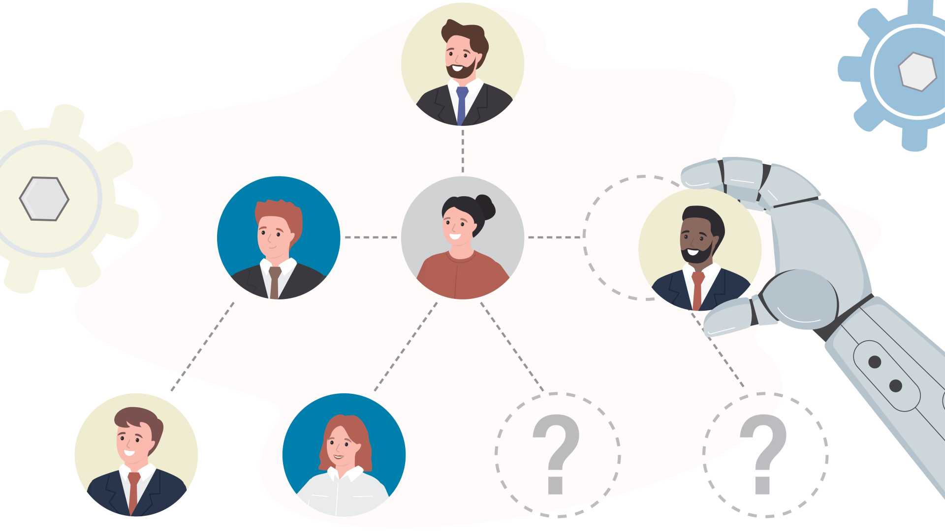 AI-powered illustration of a robotic hand connecting employees, representing customized leadership development, personalized learning and the use of AI to scale training.