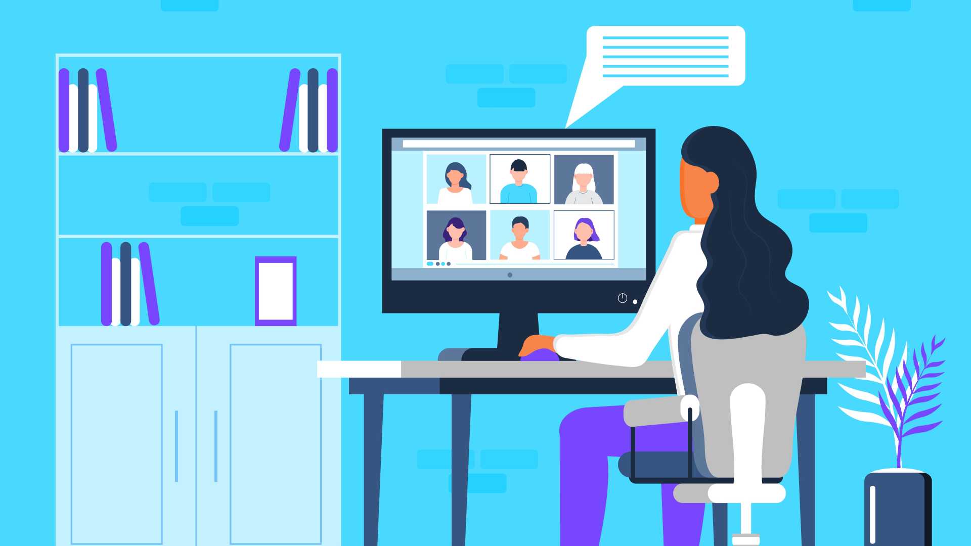 Illustration of an employee participating in a virtual training session, highlighting AI-powered video learning, interactive instruction and digital skills development.