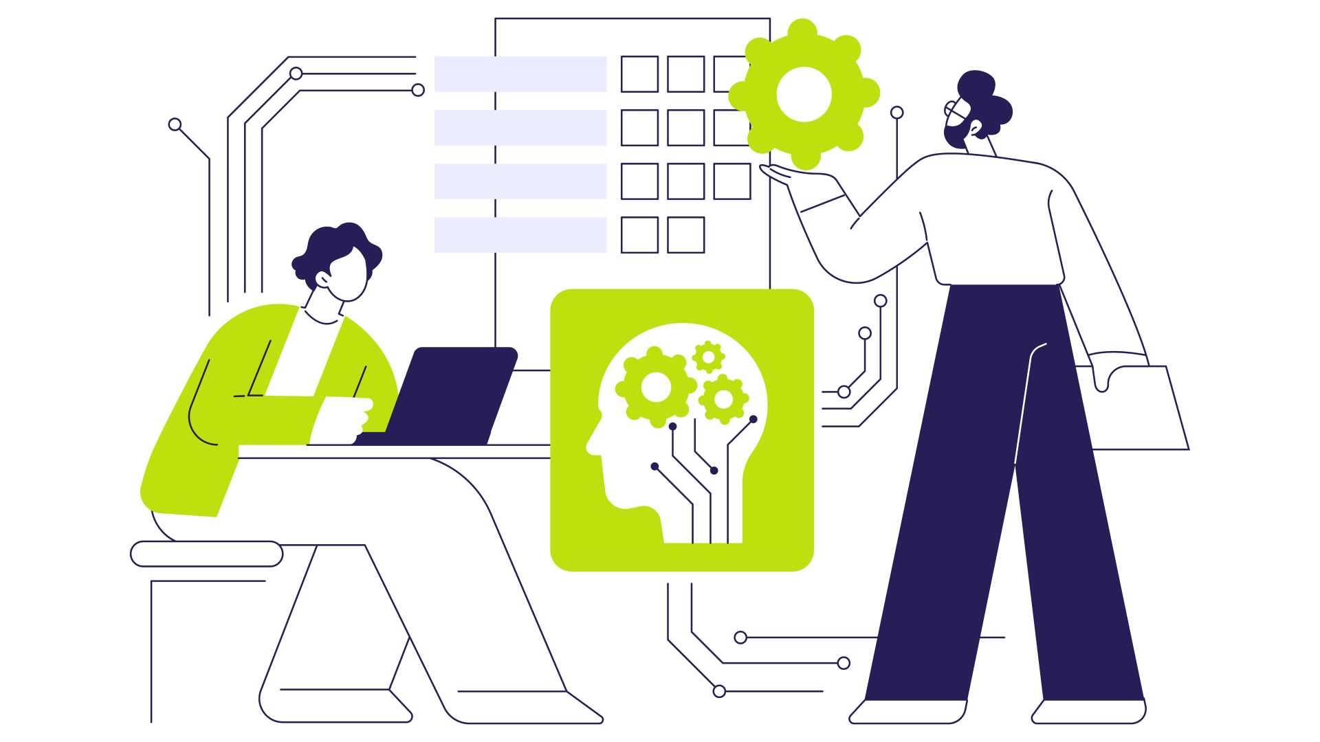 Illustration of employees working alongside AI, with gears and digital circuits representing AI-powered performance support and human-AI collaboration in the workflow.