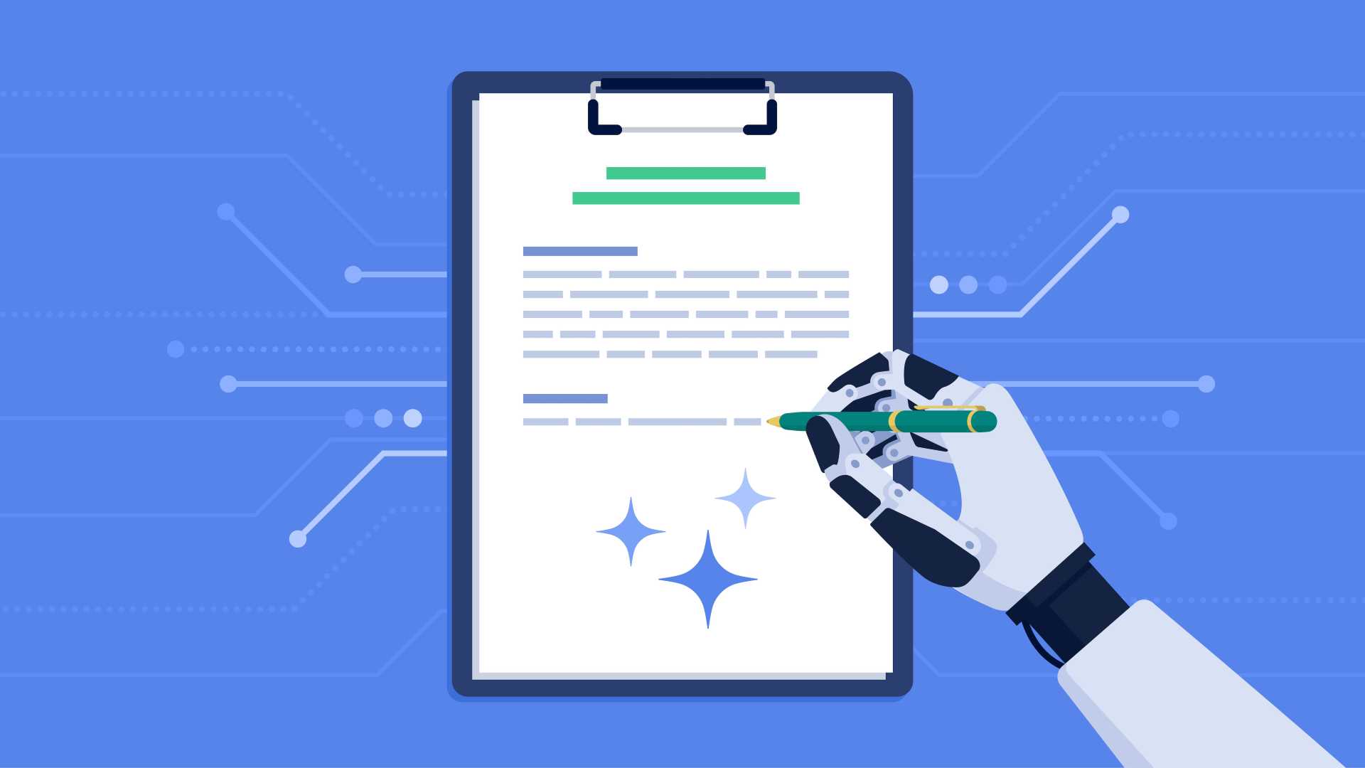 Robotic hand completing a document, illustrating AI fluency and the human judgment needed to evaluate, refine and apply artificial intelligence at work.