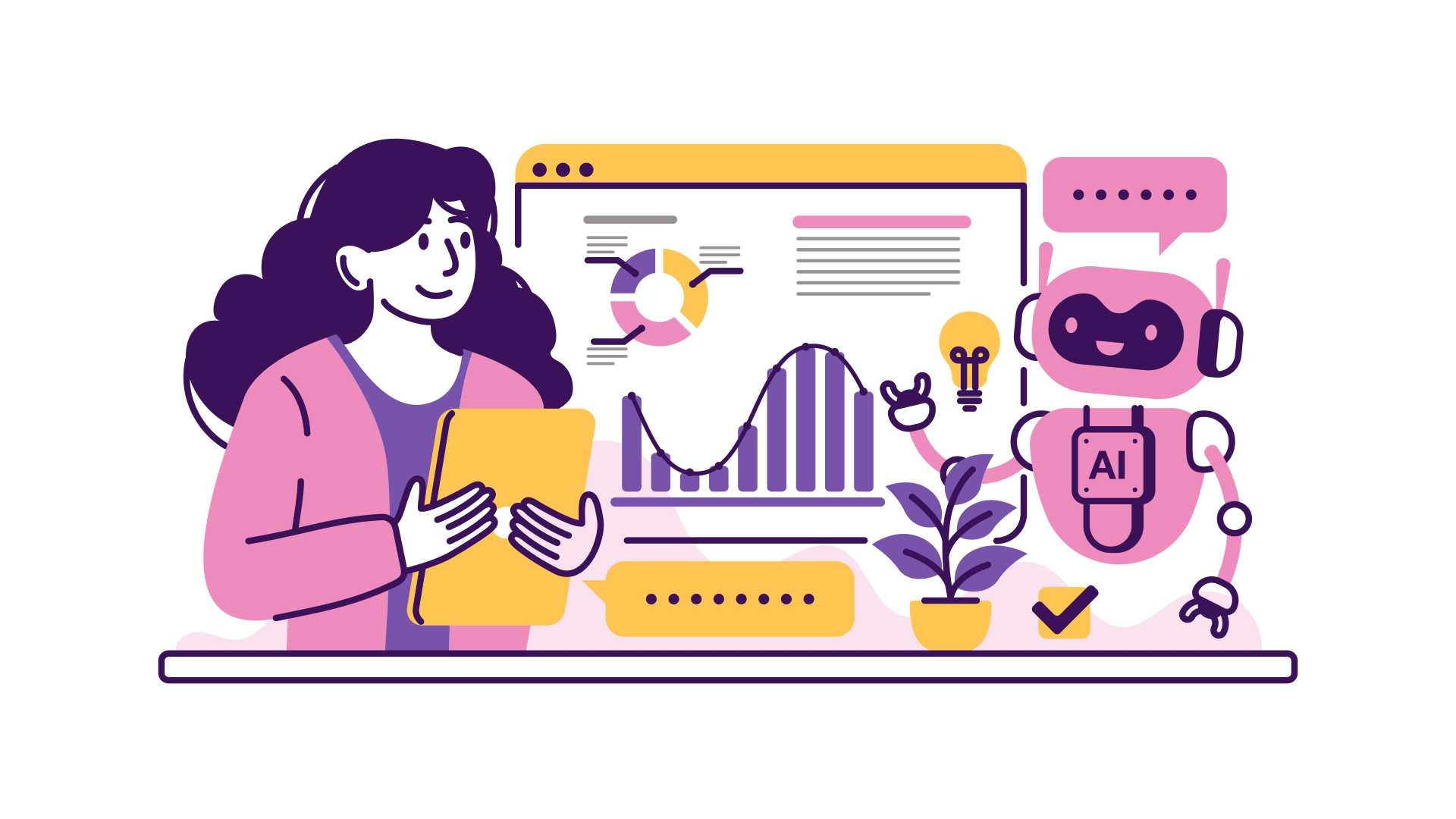 Illustration of a woman collaborating with an AI chatbot alongside digital charts, representing human-AI partnership, technology-enhanced leadership development and collaborative learning.