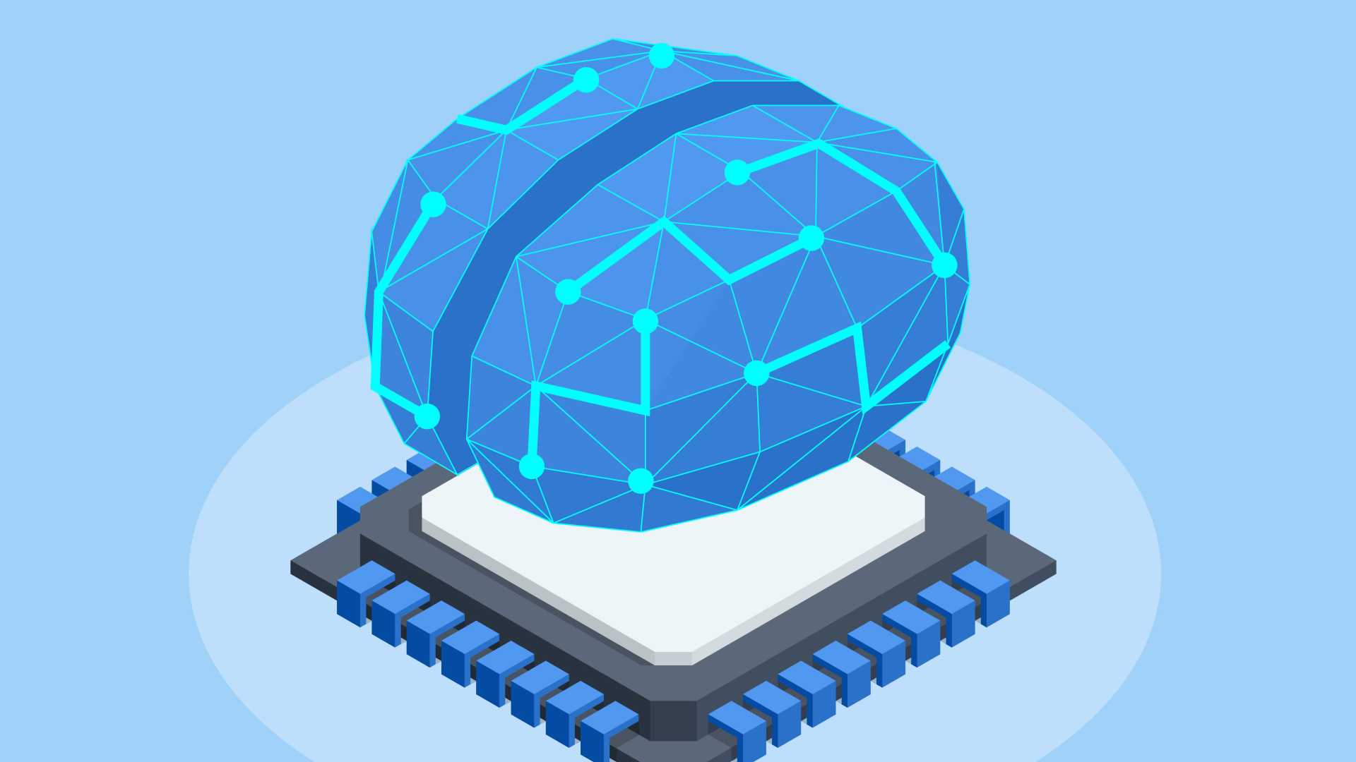 Illustration of a digital brain with connected neural pathways on a computer chip, representing artificial intelligence, critical thinking and human decision-making.